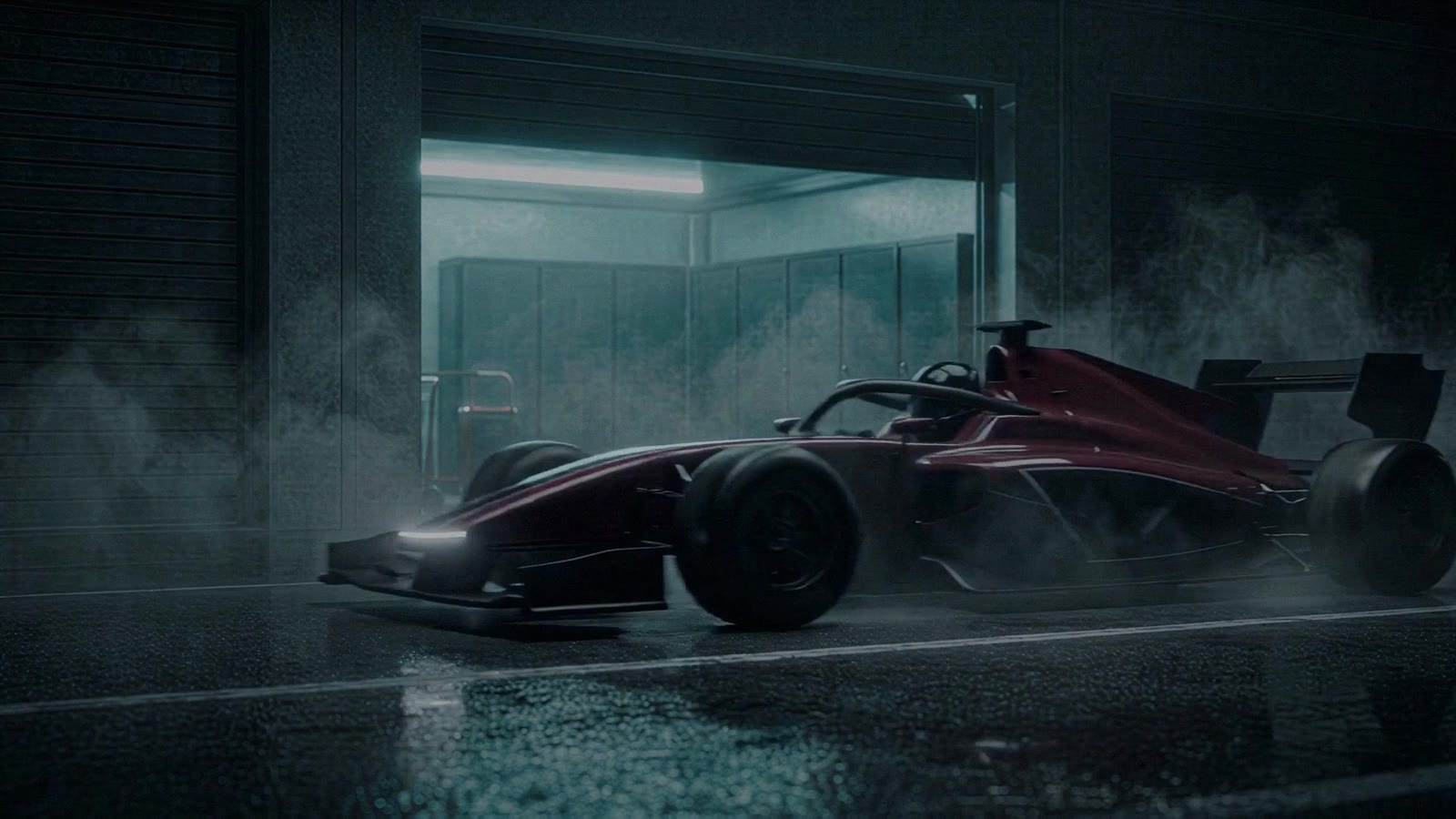 A wine-red race car parked outside an empty garage in fog