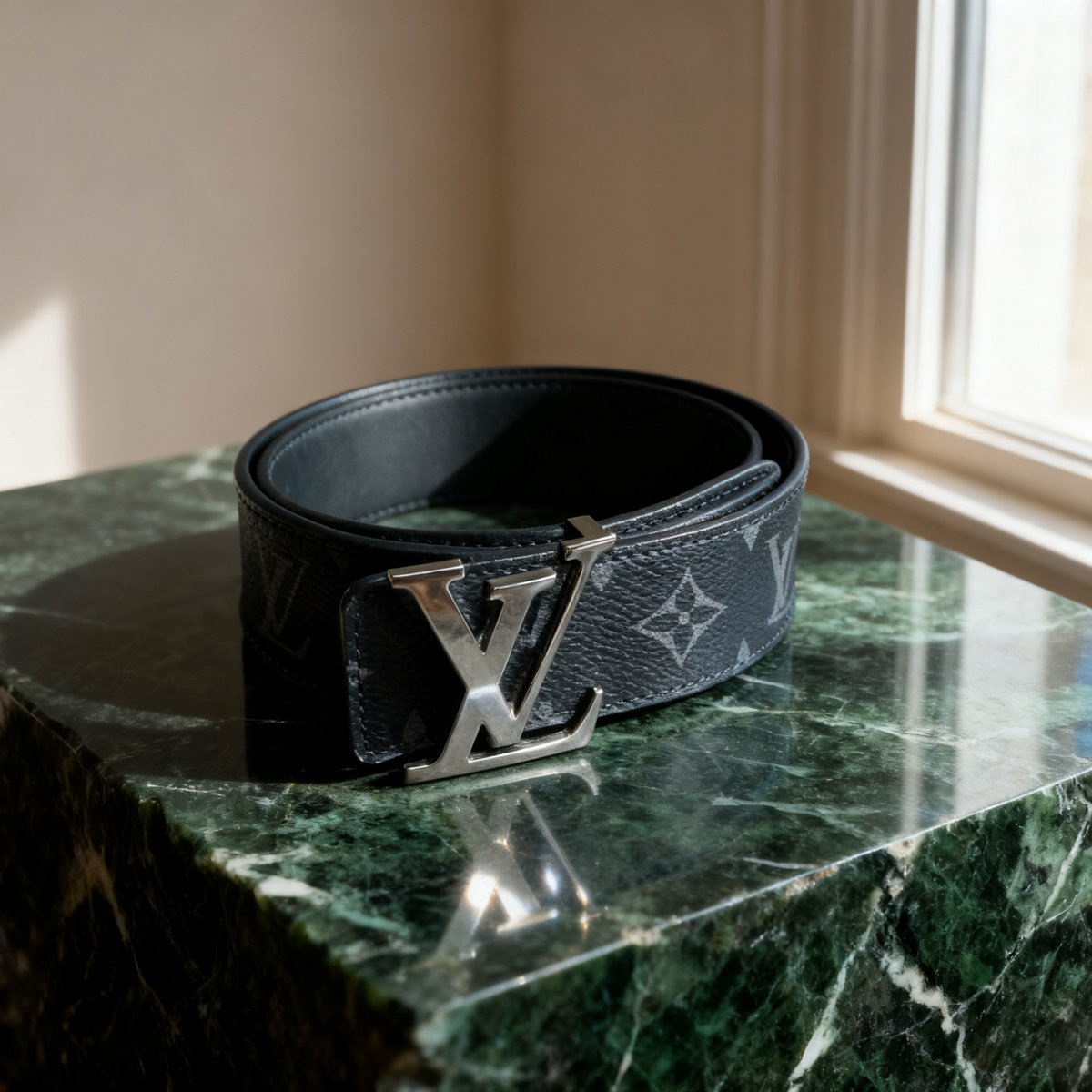 Monogram belt coiled on green marble by a window, AI product shot