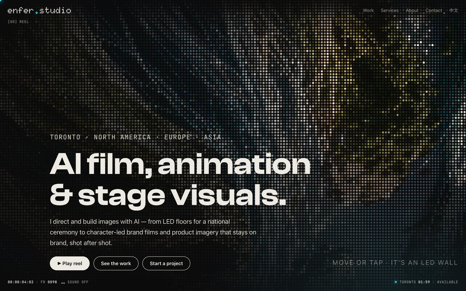 enfer studio home page with an LED-wall hero