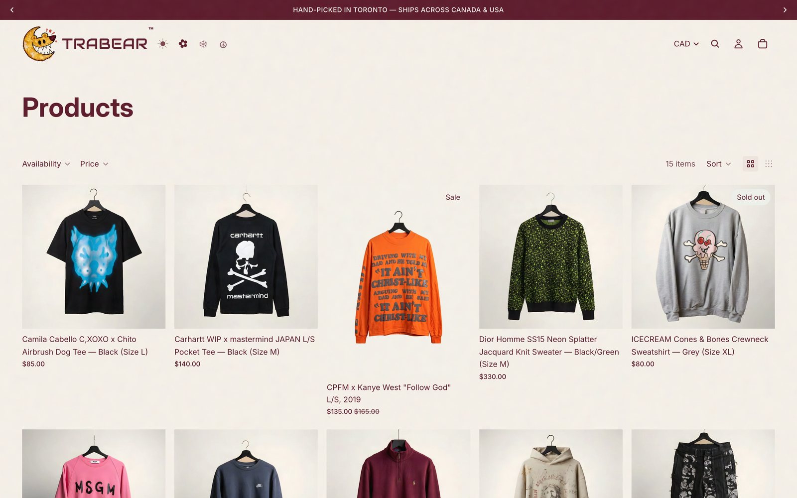 TRABEAR collection page with consistent product photos