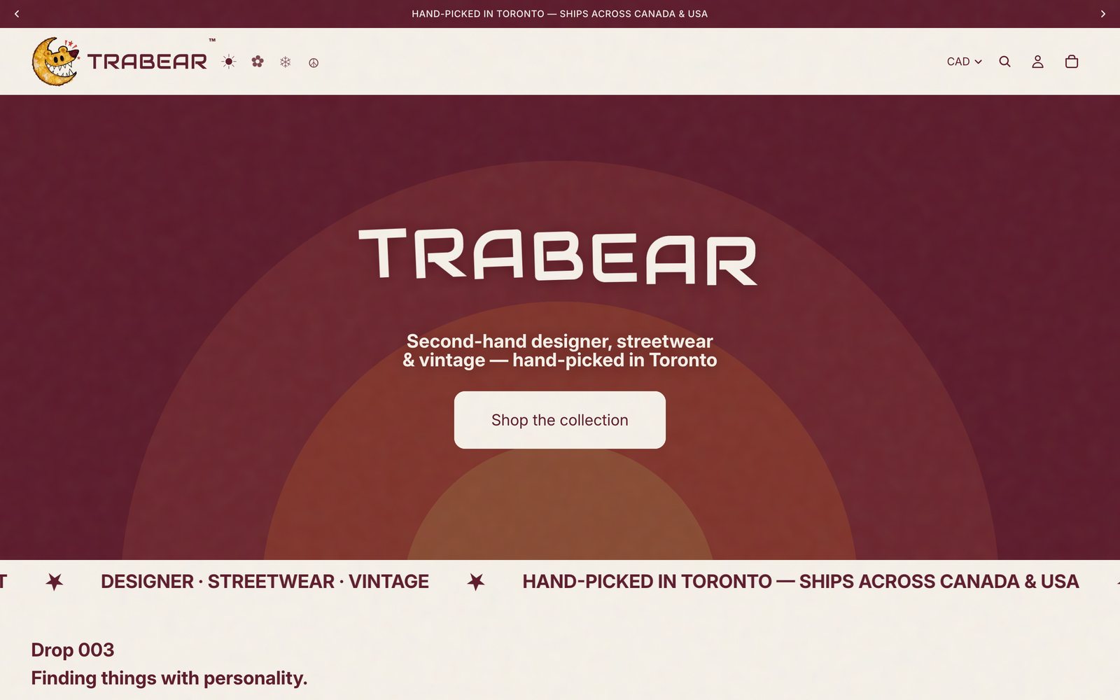 TRABEAR Shopify home page